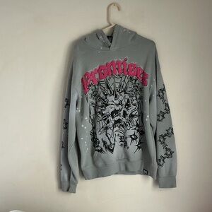 Graphic Cowl Hoodie Sweatshirt - Light Gray with Pink Accent